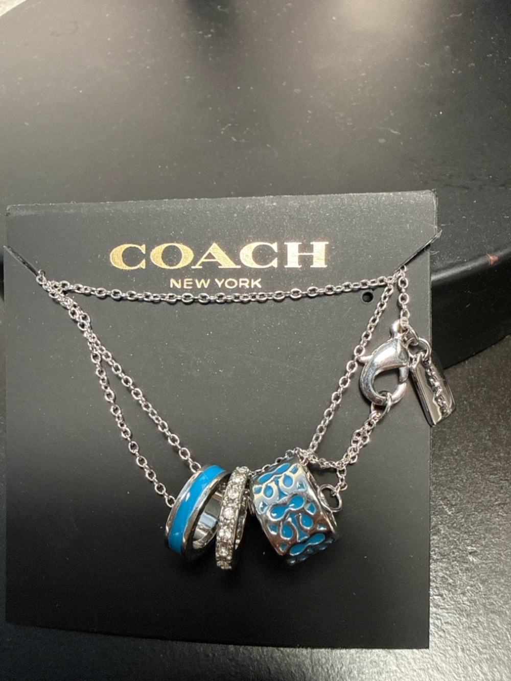 Coach Necklace Silver Tone Charm Blue Enamel Crystal